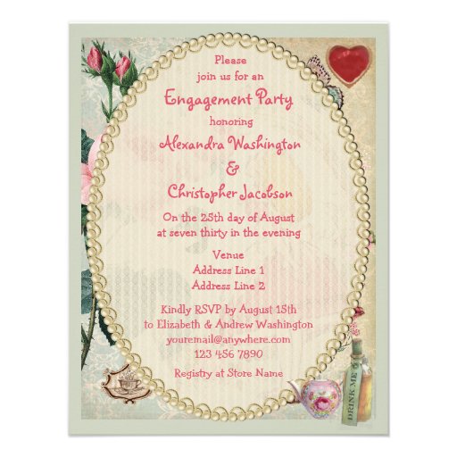 Alice in Wonderland Roses Collage Engagement Party Personalized Invites