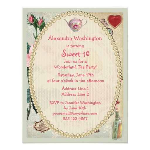 Alice in Wonderland Roses Collage Sweet 16 Announcements
