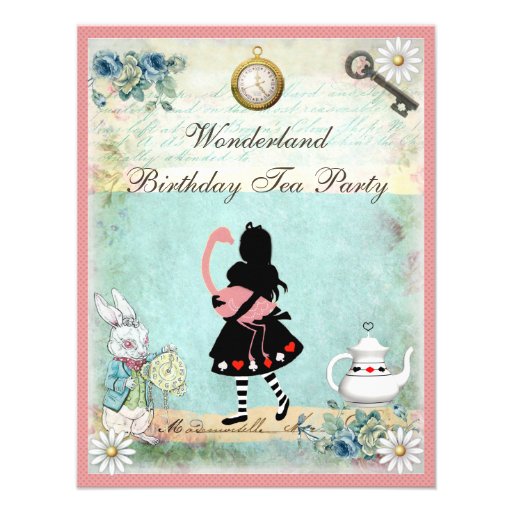 Alice, Pink Flamingo & Cheshire Cat Birthday Party Announcements
