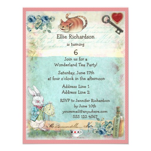 Alice, Pink Flamingo & Cheshire Cat Birthday Party Announcements