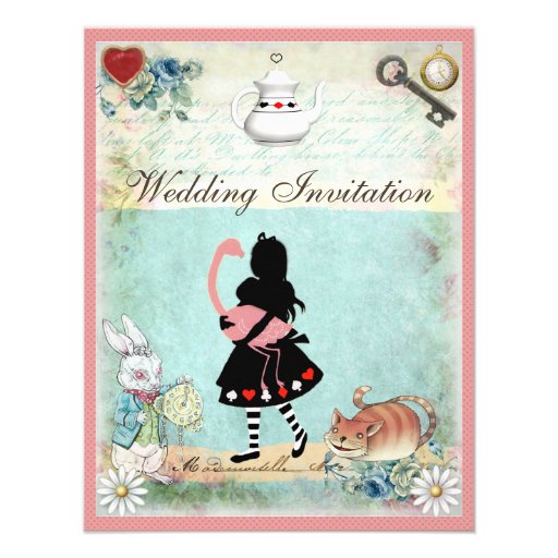 Alice, Pink Flamingo & Cheshire Cat Wedding Personalized Announcement