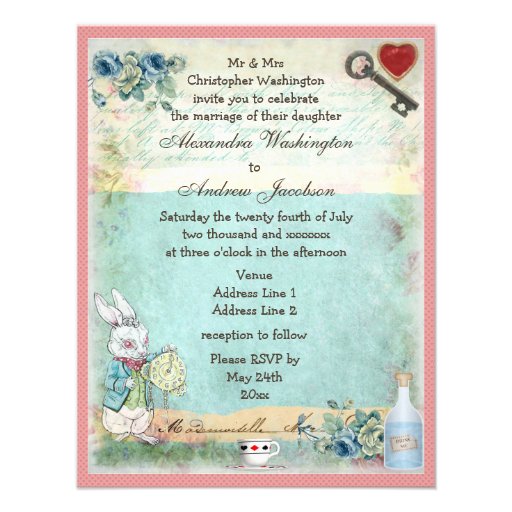 Alice, Pink Flamingo & Cheshire Cat Wedding Personalized Announcement