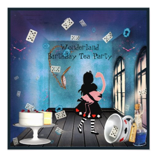 Alice & Pink Flamingo Wonderland Birthday Party Personalized Announcements