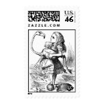 Alice trying to play croquet with a flamingo postage stamp