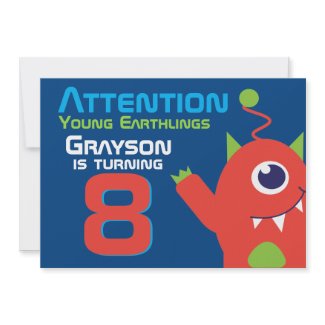 Alien birthday boy 8th blue orange invitation
