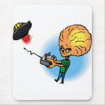 Alien boy with toy flying saucer mouse pad