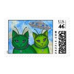 Alien Cats UFO Space Fantasy Cat Art Postage stamps