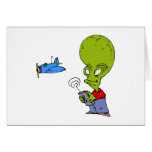 Alien flying toy plane greeting cards