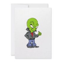 Alien in black leather jacket thumbs up invites