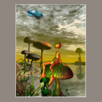 Alien watching an aircar in the sky postcards