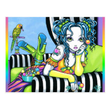"Alisha" Candy Rainbow Parrot Fae Art Postcard