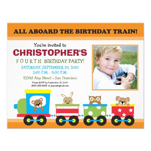 All Aboard Train Boy's Birthday Invite (orange) (front side)