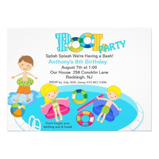 All Kids Blue Pool Party Birthday Invitation (front side)