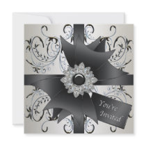 All Occasion Ivory Blue Black Swirls Party Invitations