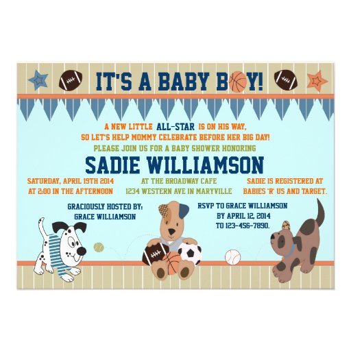 All-Star Puppies Baby Boy Shower Invitation (front side)