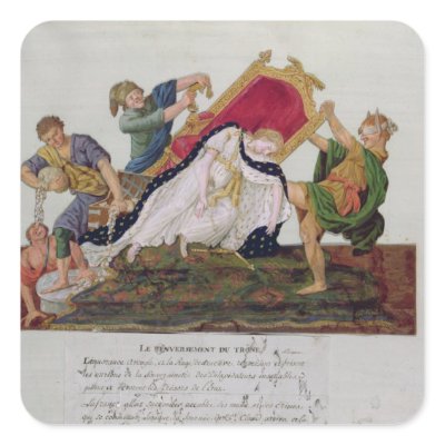 Allegory of the overturning of the throne square sticker by bridgemanart