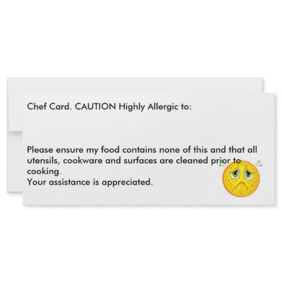 Allergy chef card personalized rack card by allergywarnings