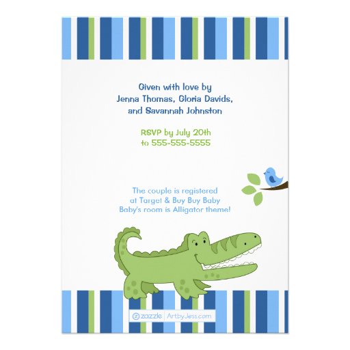 Alligator Baby Shower Invitation Blue/Green 5x7