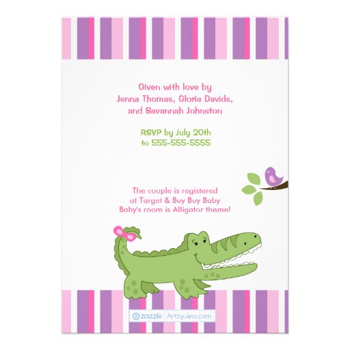 Alligator Baby Shower Invitation Pink/Green 5x7