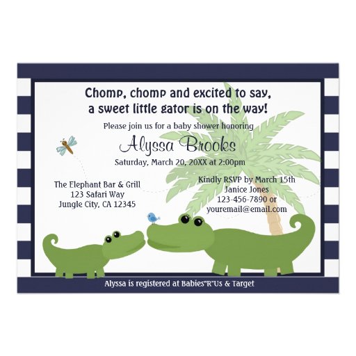 Alligator Blue striped baby shower invitation AMP