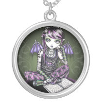 ally, emo, pink, plaid, book, school, girl, fairy, faery, fae, faerie, fantasy, art, myka, jelina, mika, gothic, goth, faeries, Necklace with custom graphic design