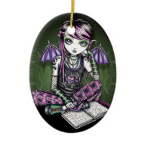 ally, emo, pink, plaid, book, school, girl, fairy, faery, fae, faerie, fantasy, art, myka, jelina, mika, gothic, goth, faeries, Ornament with custom graphic design
