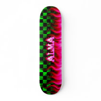 Alma skateboard pink fire and flames design.