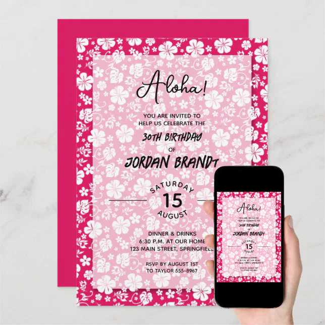 Aloha Hawaiian Floral Hot Pink Birthday Party Invitation Zazzle