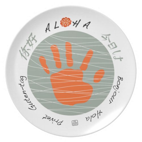 Aloha multi-language 'hello' child hand print ART plate