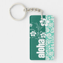 Aloha; Seafoam Green Damask Acrylic Key Chain