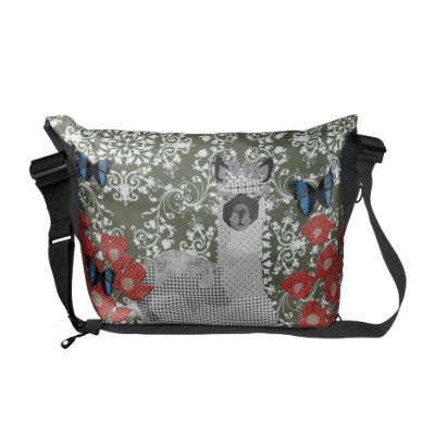 Alpaca Boho Butterflies Olive Damask Messenger Bag by Greyszoo