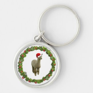 Alpaca Christmas Wreath Silver-Colored Round Keychain