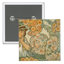 Alphonse Mucha Art Deco Pinback Button