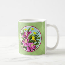 Alstroemeria Floral and Yellow Goldfinch Mugs