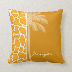Amber Orange Giraffe Animal Print; Palm Throw Pillows