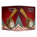 American All Star Baseball Binder - American All Star Baseball Binder featuring an aged American flag on a brilliant starburst red background embossed with a wooden baseball bat, baseball glove and all star baseball complete with a silvery star.