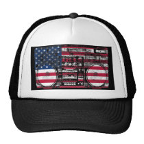 retro, vintage, music, urban, boombox, musical, hip-hop, old, school, ghetto, blaster, usa, apple, vinyl, phone, cool, american, color, funky, cassette, patriot, record, player, case, fun, funny, classic, music genres, Trucker Hat with custom graphic design