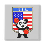 This cute little panda bear is ready for a boxing match! Panda wears boxing gloves before an American flag shield. Great for USA boxing fans or boxers!