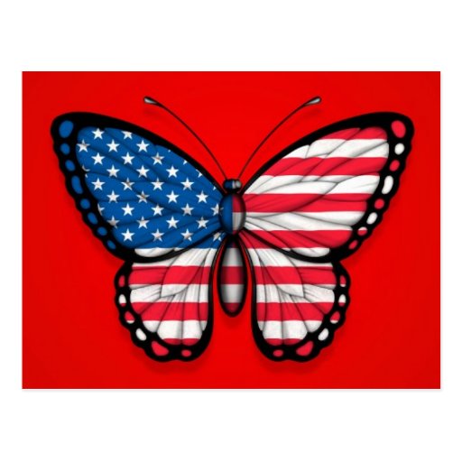 American Butterfly Flag on Red Postcard Zazzle