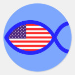 American Christian Fish Symbol Flag Round Stickers