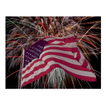 American Flag and Fireworks Postcard
