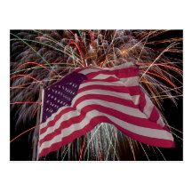 American Flag and Fireworks Postcard