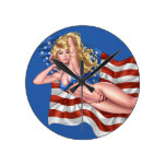 American Flag Bikini Pinup Girl by Al Rio Round Wallclocks