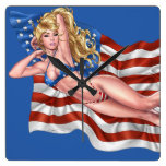 American Flag Bikini Pinup Girl by Al Rio Square Wall Clocks