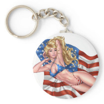 American Flag Bikini Pinup Girl by Al Rio Key Chains