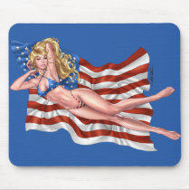 american, flag, blond, bikini, girl, pinup, art, al rio, patriotic, waving, drawing, artwork, Mouse pad with custom graphic design