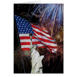 American Flag, Fireworks and Statue of Liberty Greeting Card