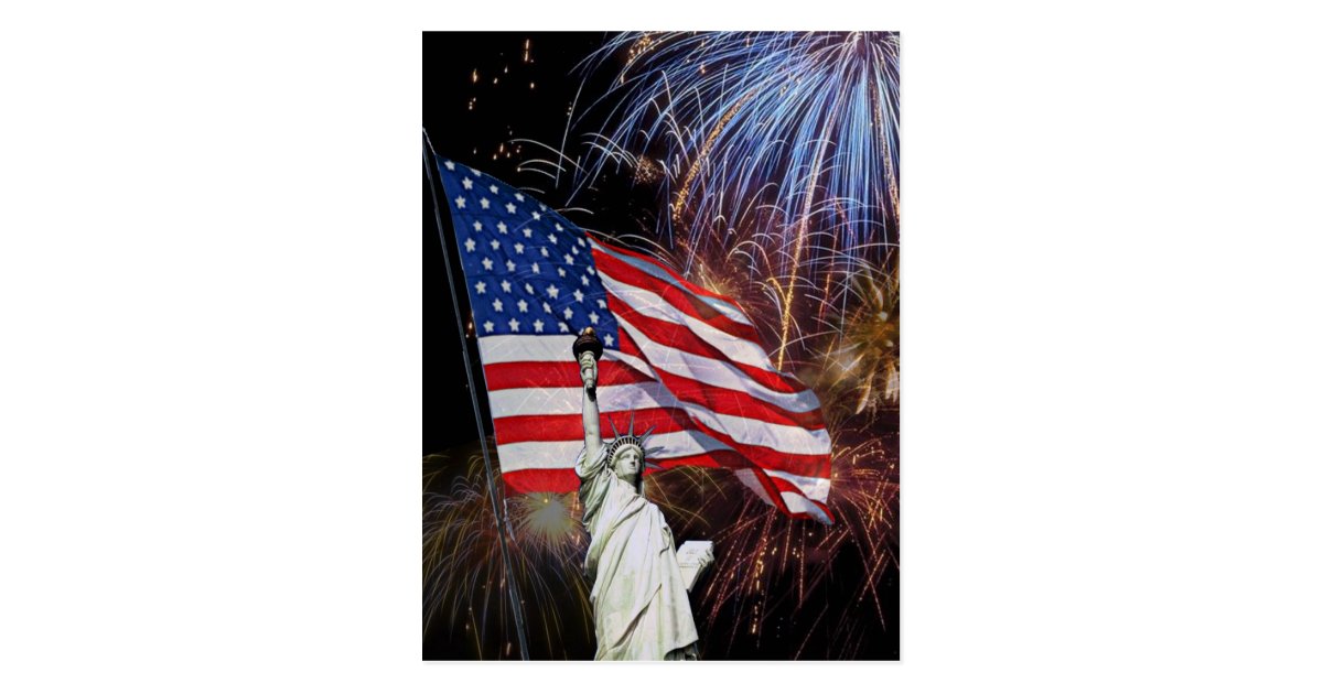 American Flag, Fireworks and Statue of Liberty Postcard ...