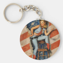 American Flag Patriotic Naughty PinUp CowGirl Key Chain