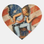 American Flag Patriotic Naughty PinUp CowGirl Heart Sticker
